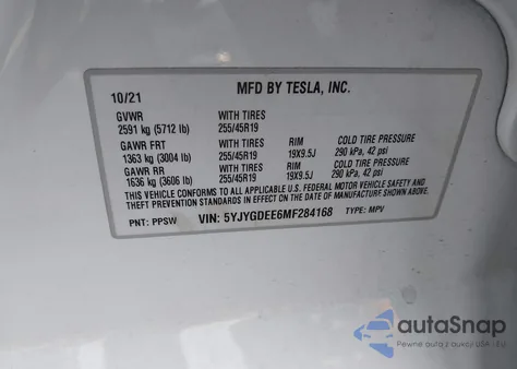 2021 Tesla Model Y Long Range Dual Motor All-Wheel Drive из США, поврежденный, VIN 5YJYGDEE6MF284168